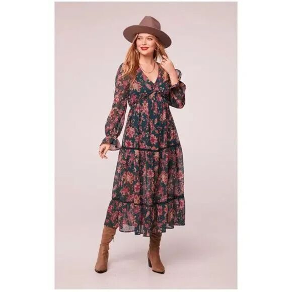 Band of the Free BOG Dress Small Run the World Pine Berry Boho Floral Flowy Midi - Picture 2 of 16